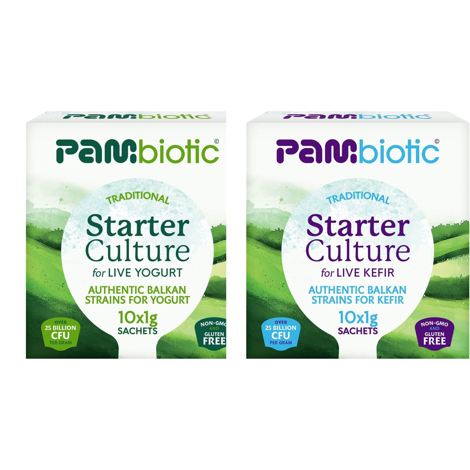 Pambiotic yogurt and kefir starter boxes side by side