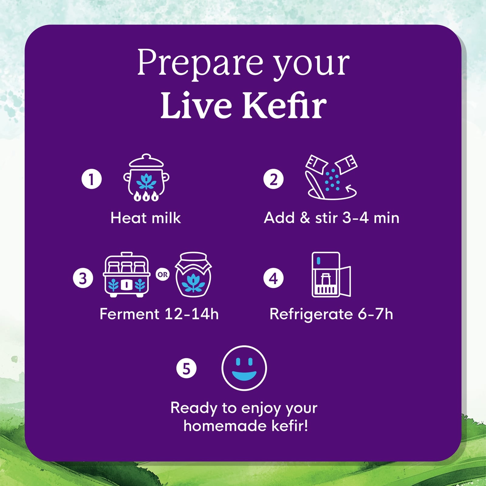 How to prepare live kefir: heat the milk, add and stir, ferment 12–14 hours, refrigerate 6–7 hours