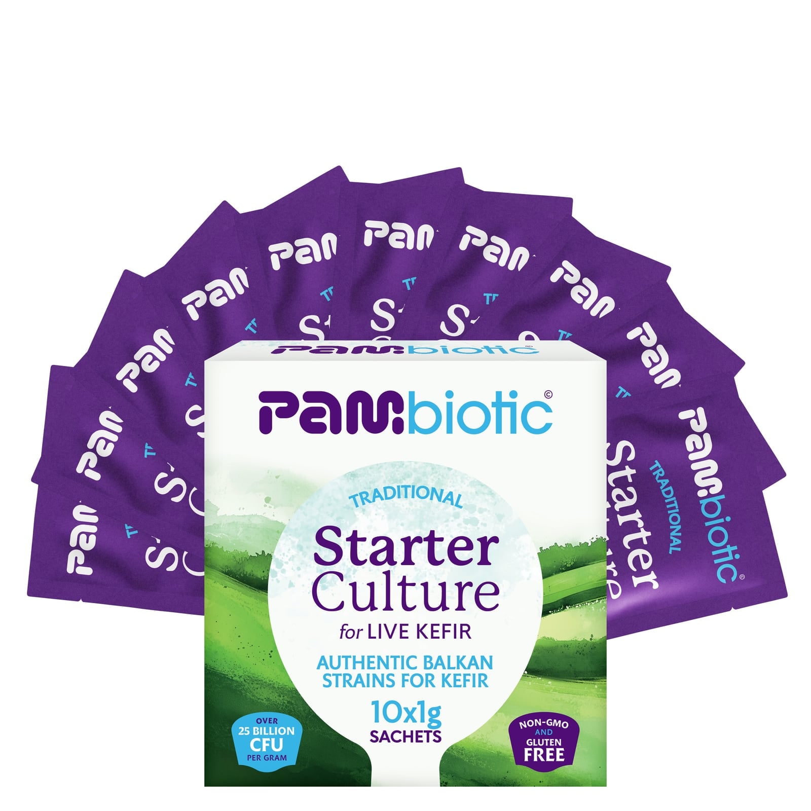 The kefir starter box with its ten single sachets