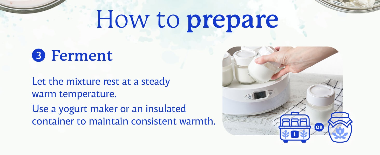 Step 3, ferment: let the mixture rest at a steady warm temperature, in a yogurt maker or an insulated container.